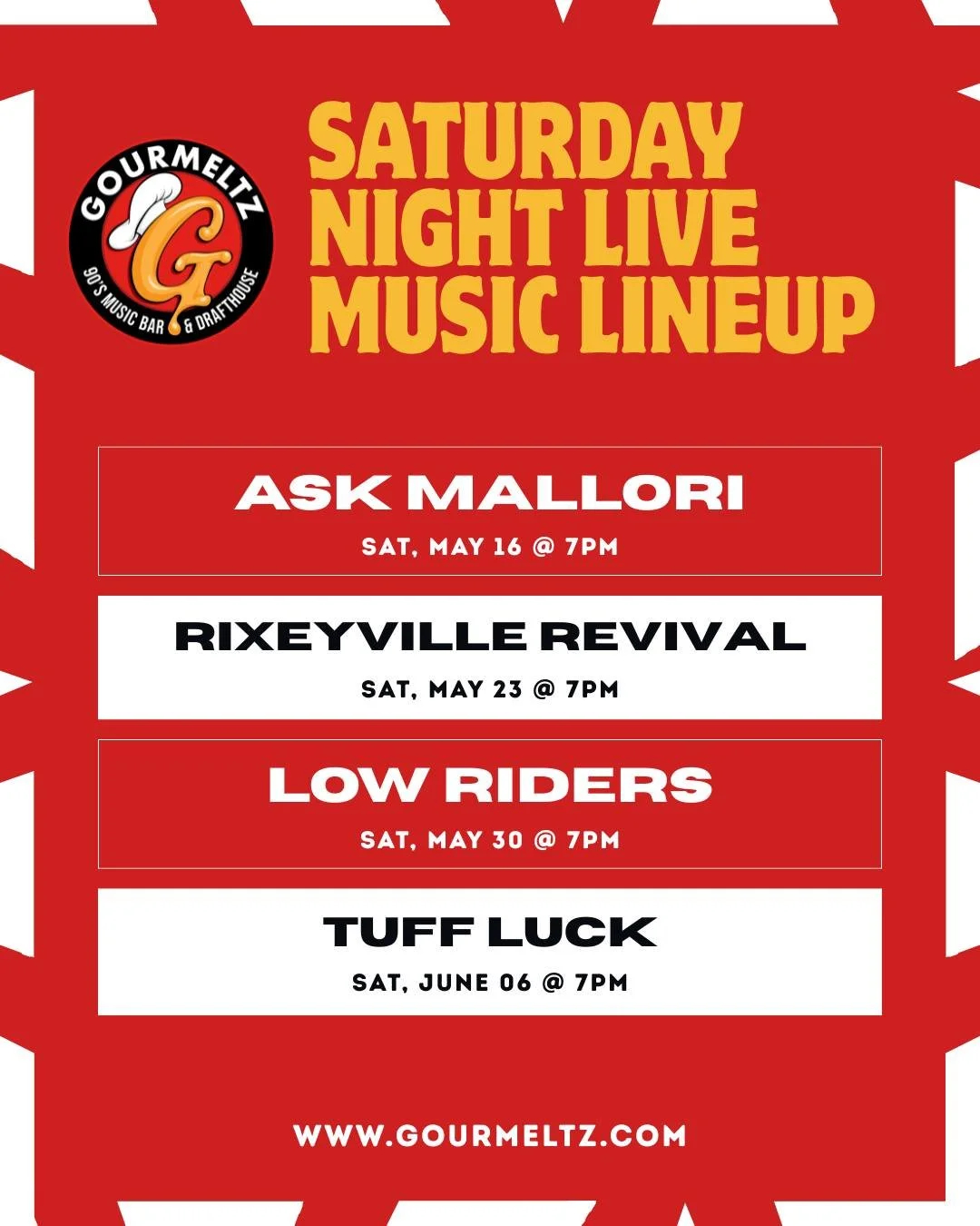 🎸 Live Music Tonight
🍔 Amazing Food
🍻 Great Vibes
Only at Gourmeltz!