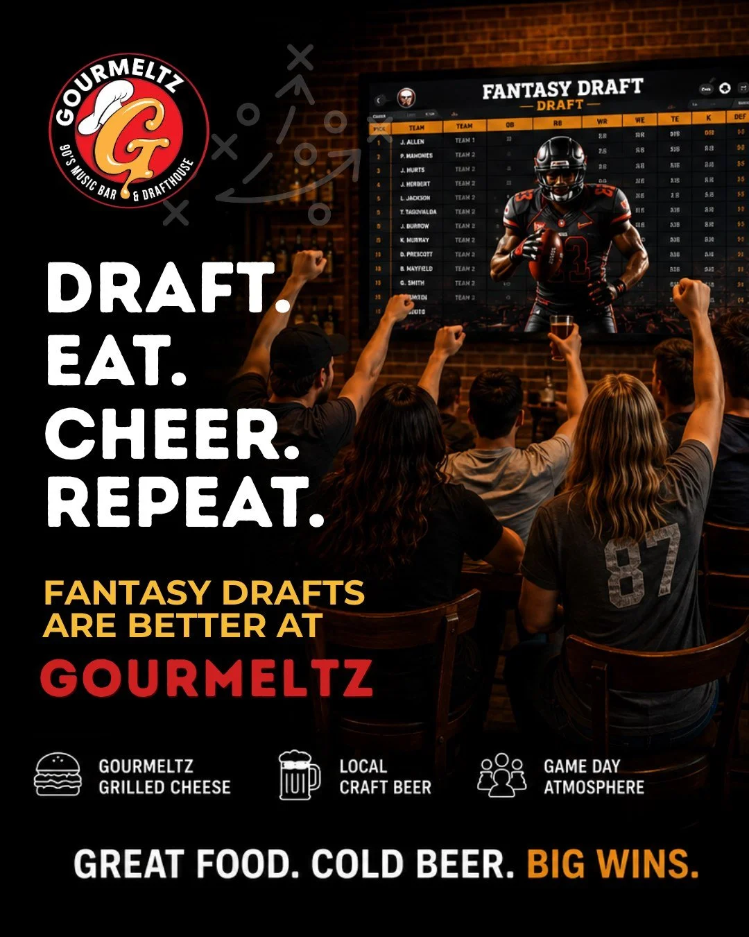 The draft hasn't even started and the trash talk is already elite. 😂

Settle it at the draft table.

Bring your fantasy league to Gourmeltz for a draft night featuring a LIVE draft board and happy hour pricing for your group while you draft.

Come f