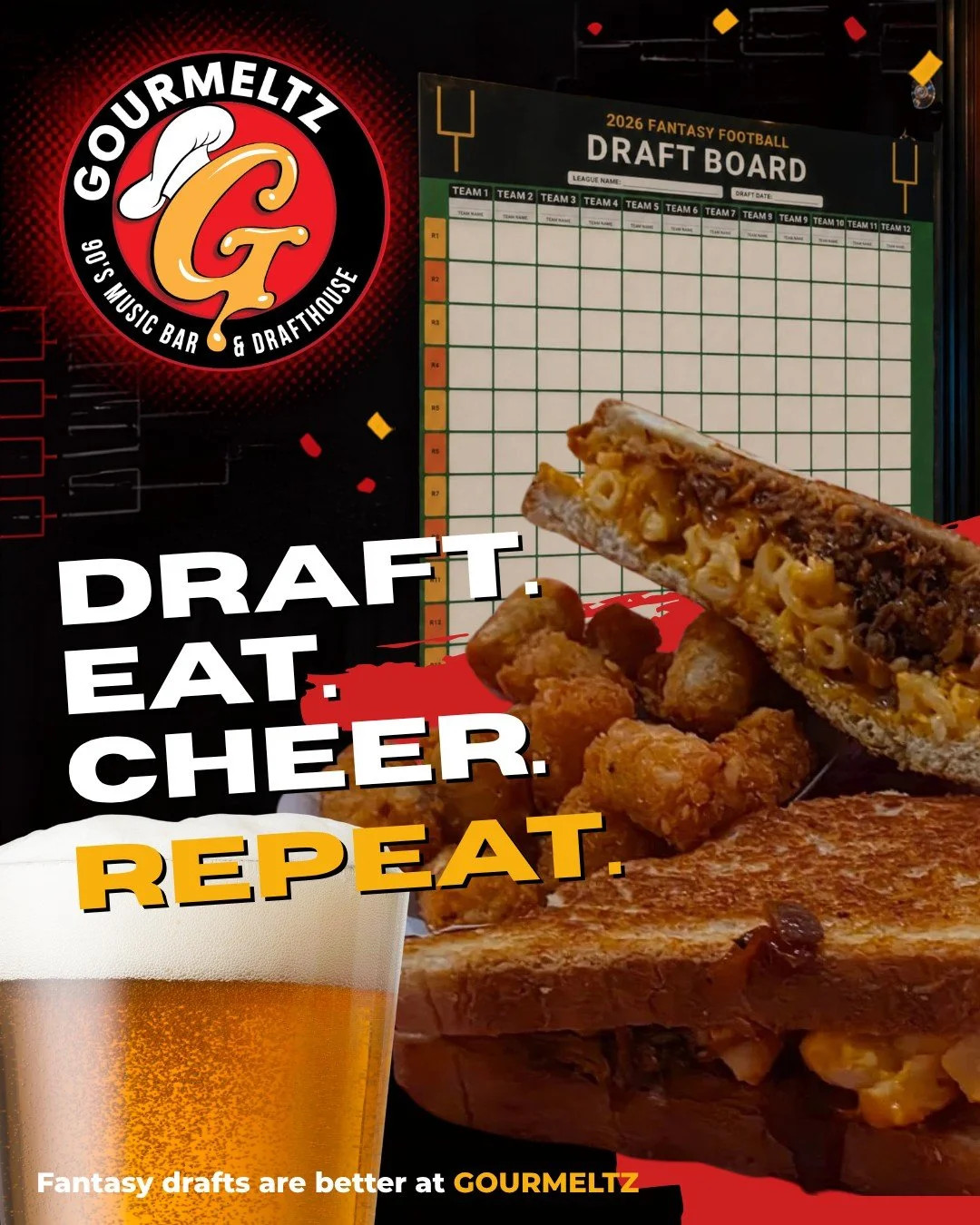 Why just have a fantasy draft when you can have a FANTASY DRAFT NIGHT? 🏈🔥

Get the crew together and let Gourmeltz handle the atmosphere.

🏈 Live draft board
🍻 Happy hour pricing for your group while you draft
📺 Sports-bar atmosphere
🙌 Plenty o