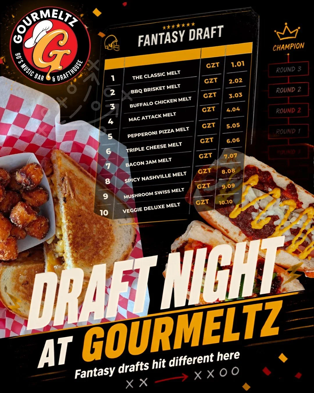 TAG YOUR FANTASY LEAGUE 👇

You know the group. The one that argues over every pick, celebrates every steal and remembers that one terrible draft decision from 2019. 😂

This year, bring the whole crew to Gourmeltz!

🏈 Live draft board provided
🍻 H
