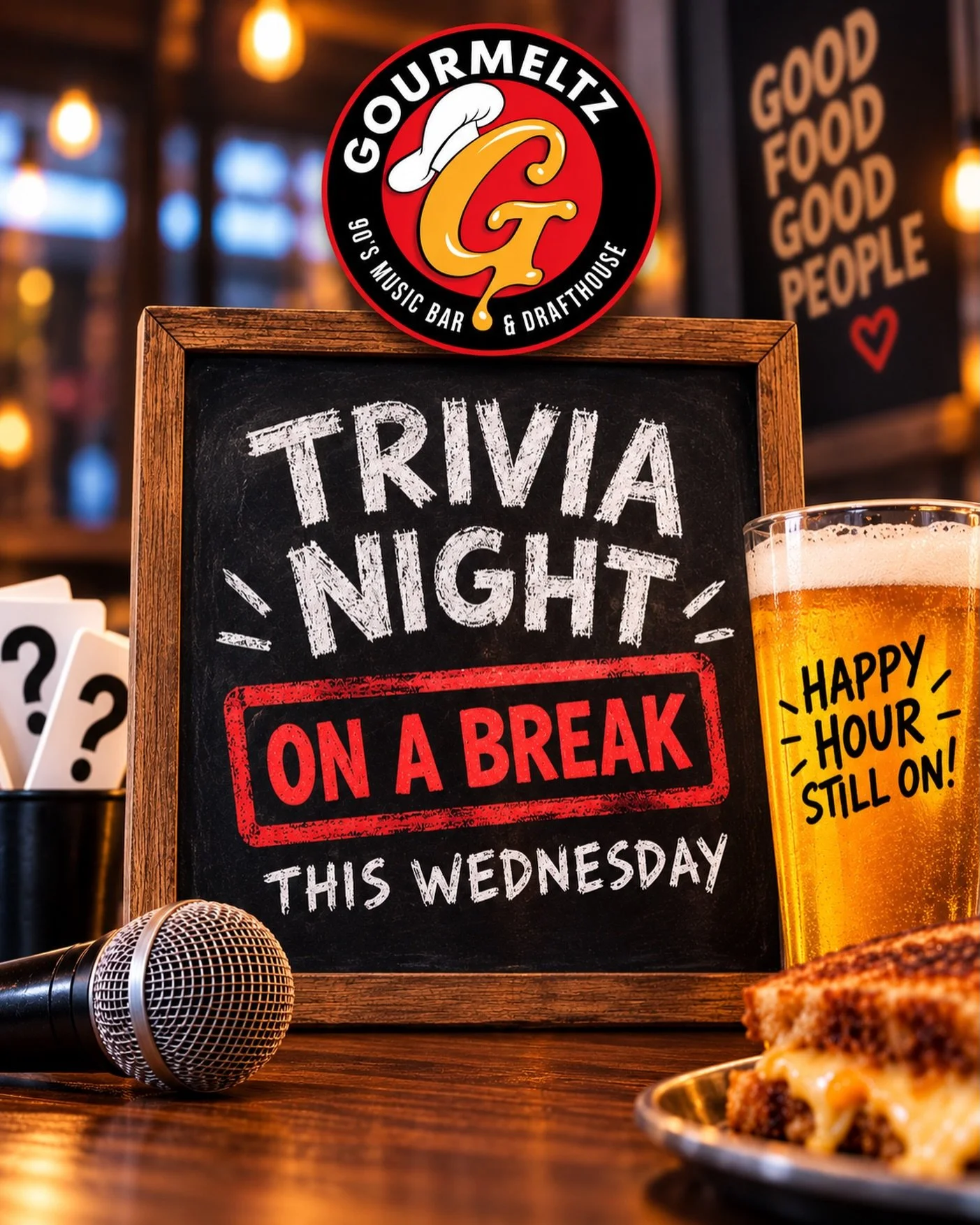 Quick note for our trivia crew 💡 DJ Tony B and Trivia Night are on a break this Wednesday, so there&rsquo;s no trivia at Gourmeltz this week. Come hang out anyways, happy hour&rsquo;s still running and we&rsquo;d love to see your faces. Back to your