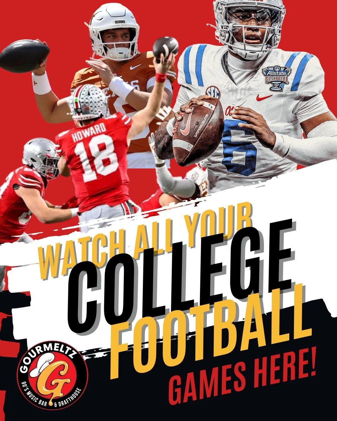 🏈 Every college football game, all day. Gourmeltz Saturdays don't miss.