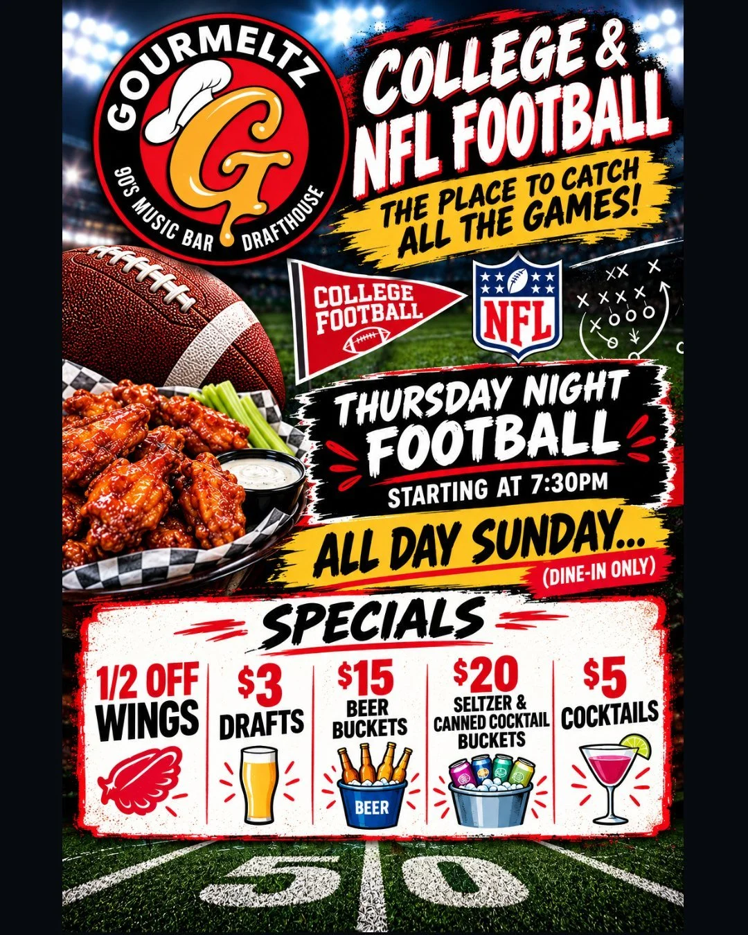 🏈 October kicks off with THURSDAY NIGHT FOOTBALL! 7:30pm, &frac12; off wings, $3 drafts, $15 beer buckets, $20 seltzer/cocktail buckets, $5 cocktails. Dine-in only.

#Gourmeltz #GourmeltzFXBG #EatAtGourmeltz #FredericksburgVA #FXBG #FredericksburgEa