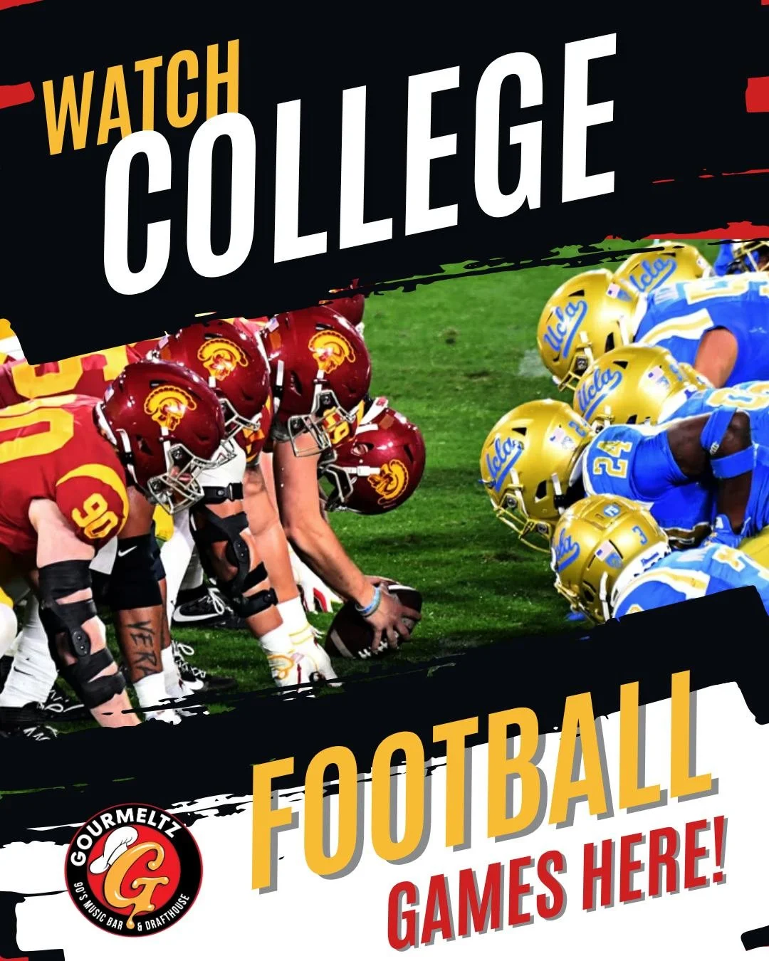 Saturday at Gourmeltz: every college football game on our screens, all day. Come early for kickoff and stay for the whole slate!

#Gourmeltz #GourmeltzFXBG #EatAtGourmeltz #FredericksburgVA #FXBG #FredericksburgEats #CollegeFootballSaturday #SportsBa
