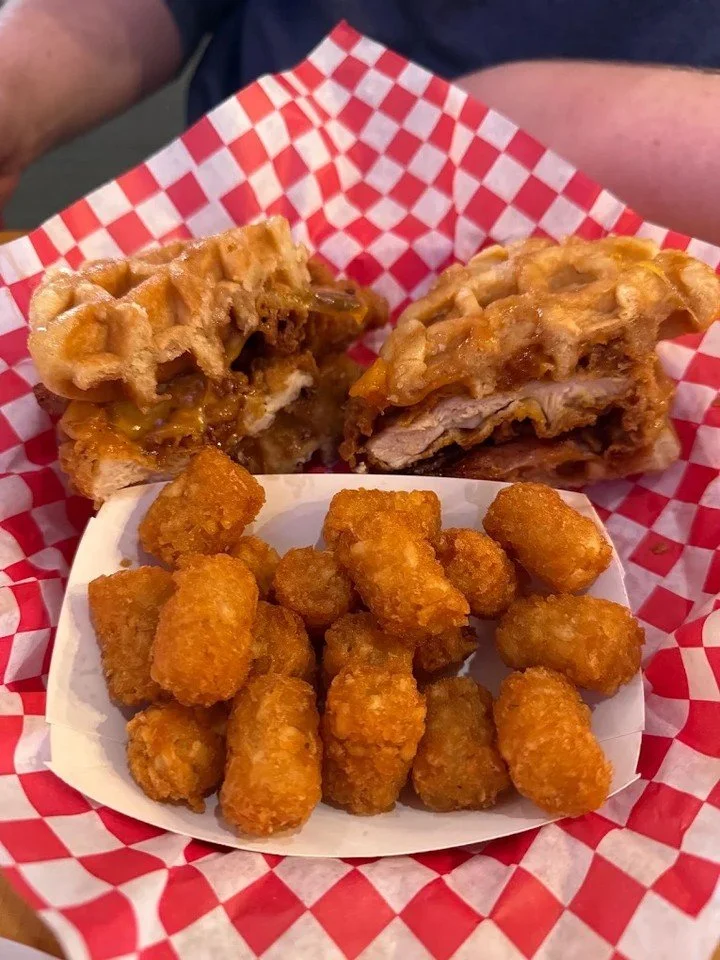 Chicken, waffles, and tots on the side. We're not saying it's the best combo on the menu, but... we're not not saying that either.

#Gourmeltz #GourmeltzFXBG #EatAtGourmeltz #FredericksburgVA #FXBG #FredericksburgEats #ComfortFood #CraftBeer #WingNig