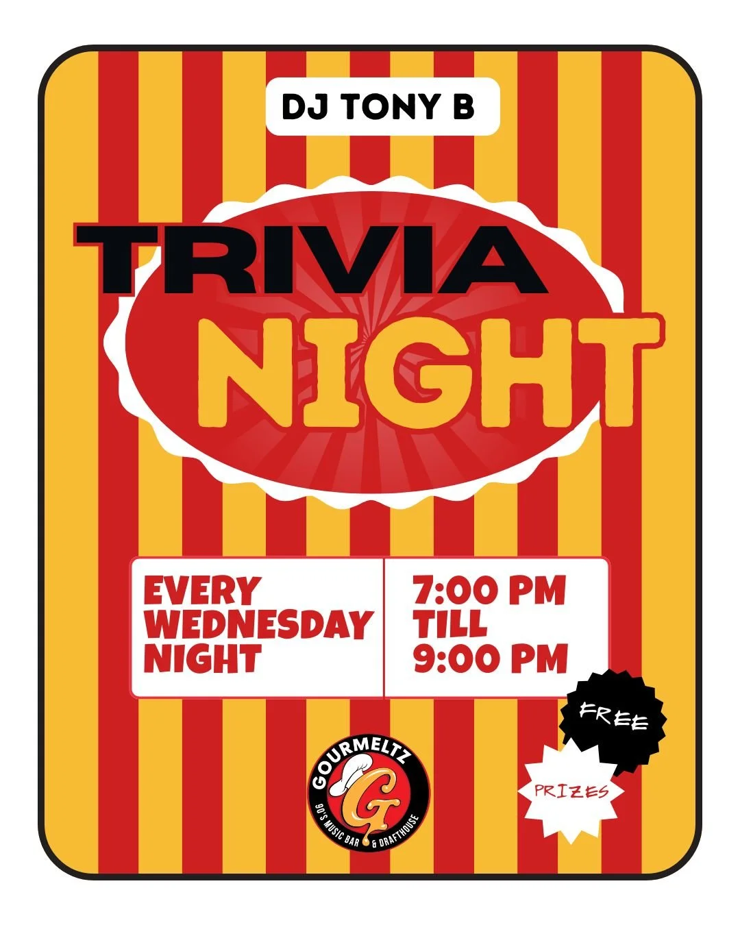 Looking for the best Wednesday night plans in Fredericksburg? We got you. 🙌 Come hang with your people at Gourmeltz Trivia Night &mdash; every Wednesday 7&ndash;9PM, hosted by DJ Tony B. New friends, good food, and a whole lot of fun. Bring a team o