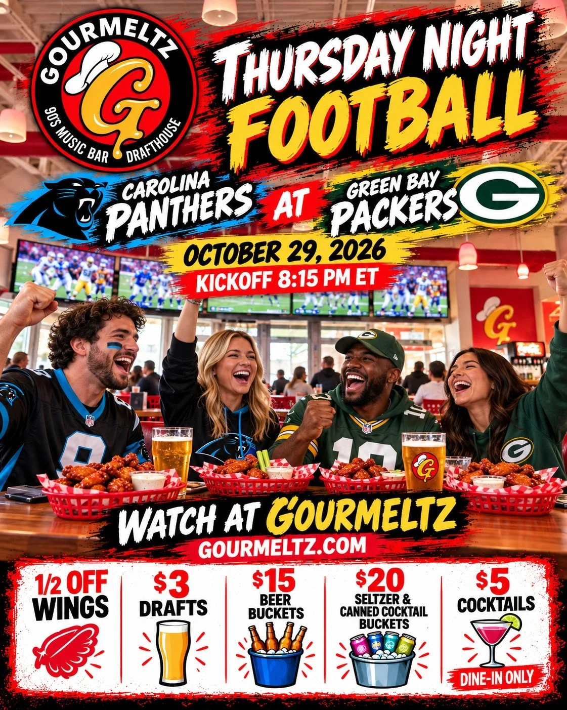 The scariest thing this Thursday? Missing wing night. 👻🍗🏈

Carolina heads to Green Bay TONIGHT, October 29! Watch the Panthers take on the Packers at Gourmeltz. Kickoff is 8:15 PM ET.

Your starting lineup:
🔥 &frac12; off wings
🍺 $3 drafts
🪣 $1