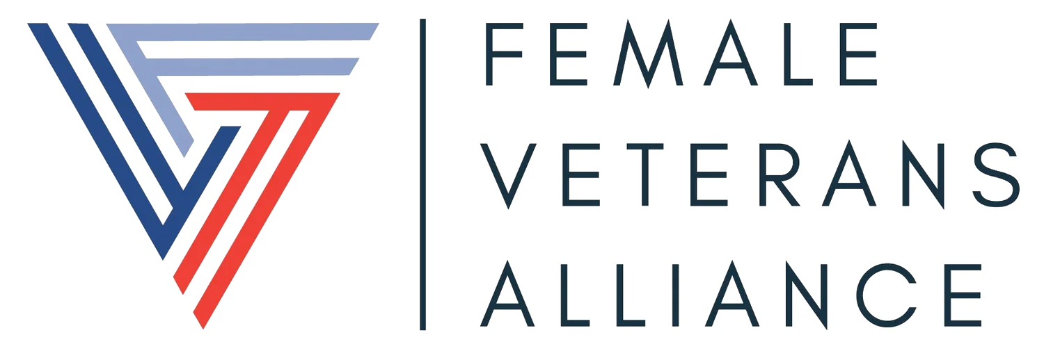 Logo of Female Veterans Alliance featuring a stylized triangle with blue and red stripes, next to text 'FEMALE VETERANS ALLIANCE'.