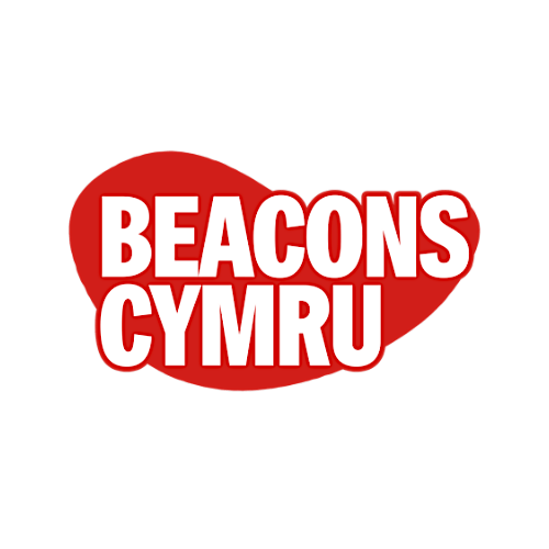 Logo with the words 'BEACONS CYMRU' in white, bold letters on a red speech bubble shape, against a black background.