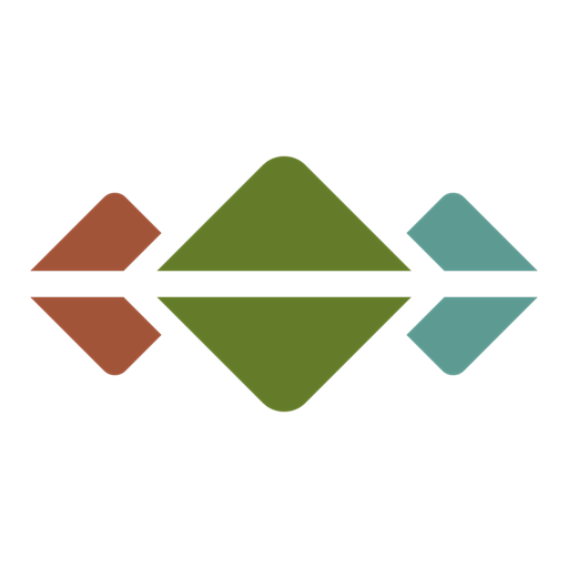 A geometric logo with a black background, featuring three diamonds and a horizontal line connecting them. The diamonds are colored brown, green, and blue from left to right.