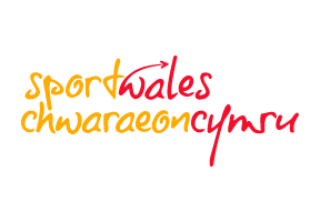 Colorful map of Wales with the words 'sport Wales chwaraeo Cymru' written across it in yellow, red, and pink