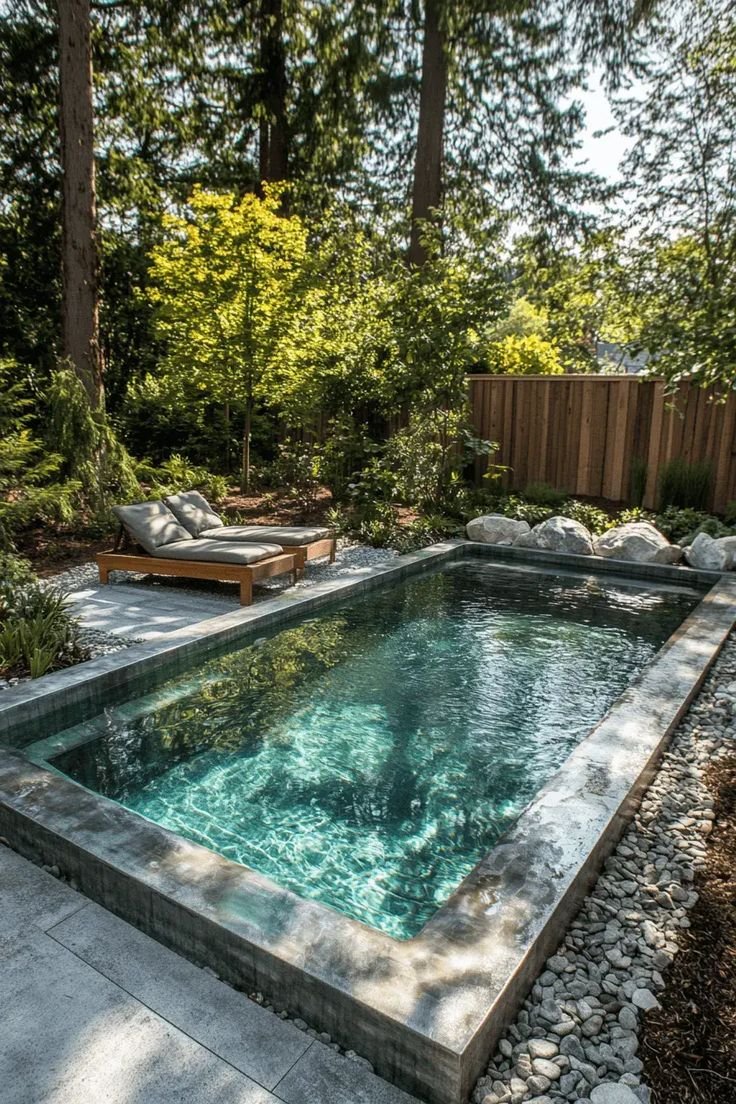 Natural-style rectangular swimming pool surrounded by stone coping, wood fencing, and lush garden planting.