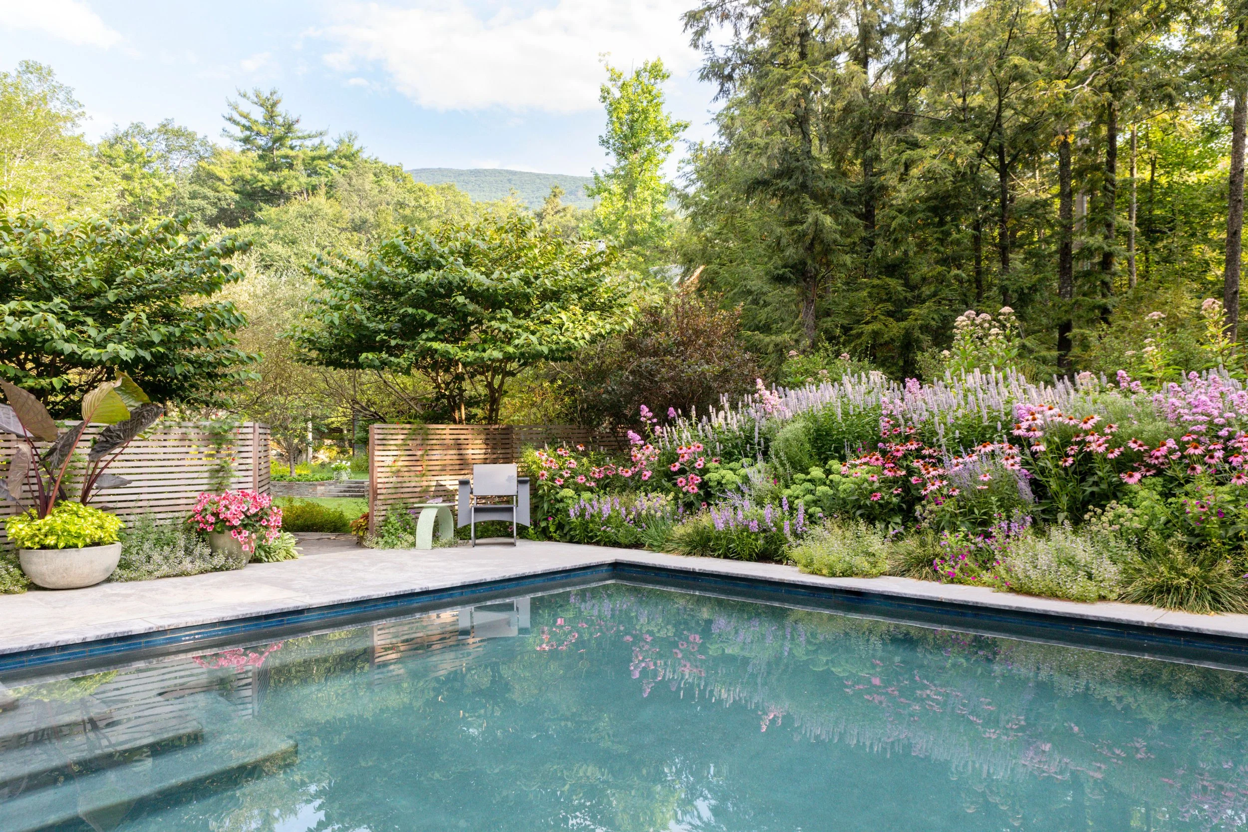 Backyard swimming pool framed by flowering plants, natural stone edging, and a serene garden landscape setting.