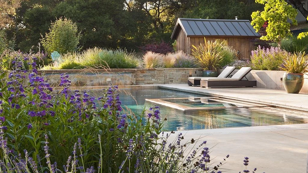 Luxury backyard pool with layered stone terraces, integrated spa, and soft planting for a refined outdoor living space.