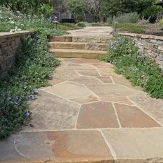 Stone garden steps and pathway built into a landscaped slope