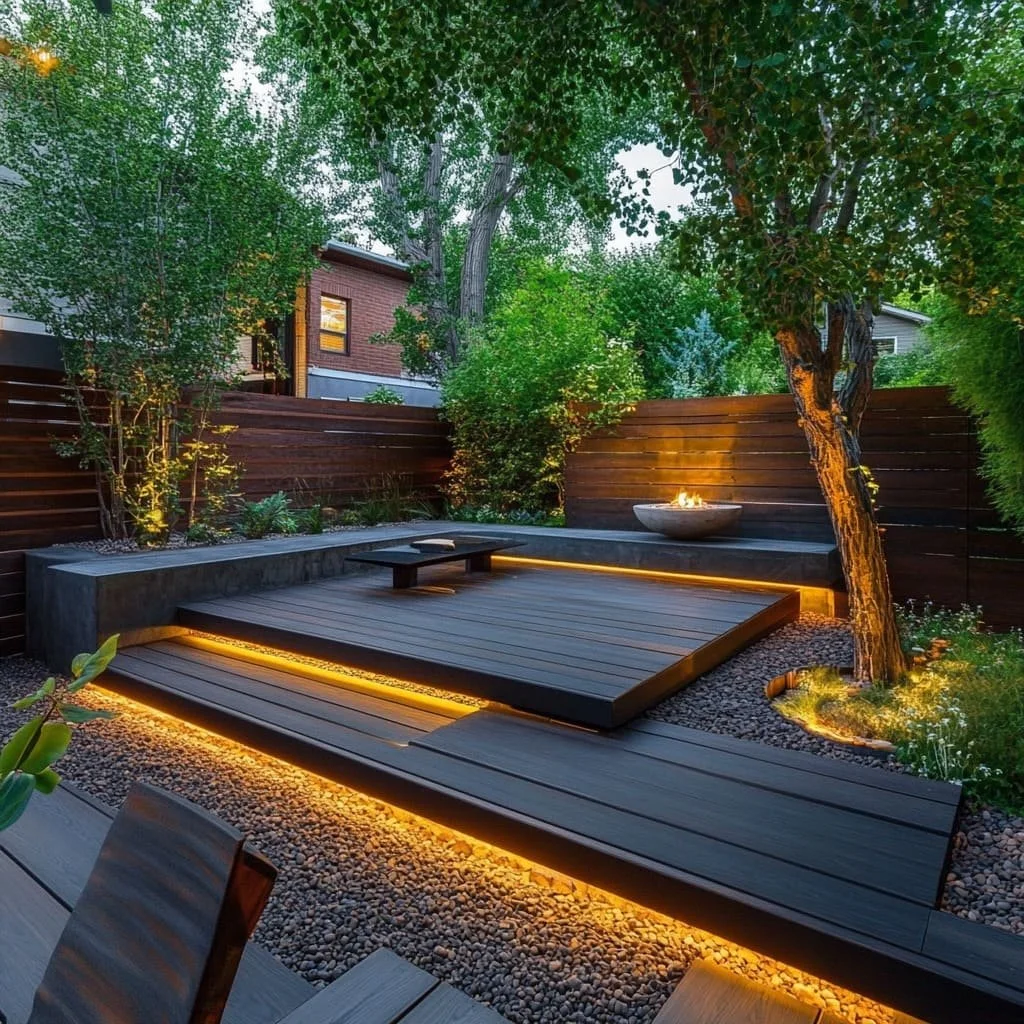 Modern backyard deck with tiered platforms, built-in step lighting, mature trees, and contemporary landscape design.