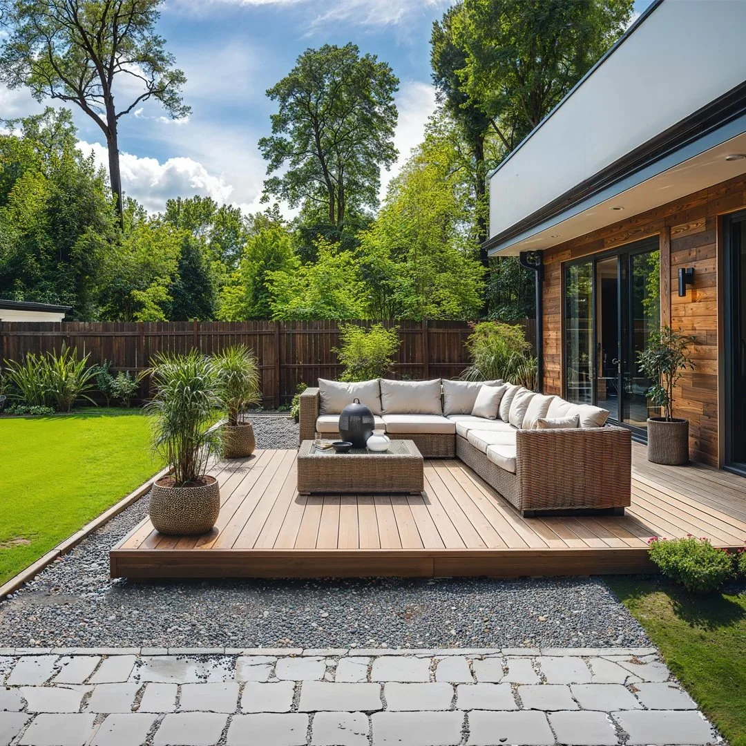 Low-profile modern backyard deck with sectional seating, stone patio surround, and clean-lined contemporary landscaping.