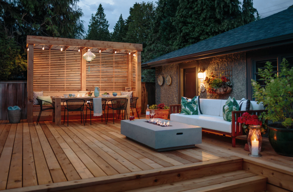 Warm wood backyard deck with privacy screen, pergola roof, cozy seating area, and modern outdoor lounge setup.