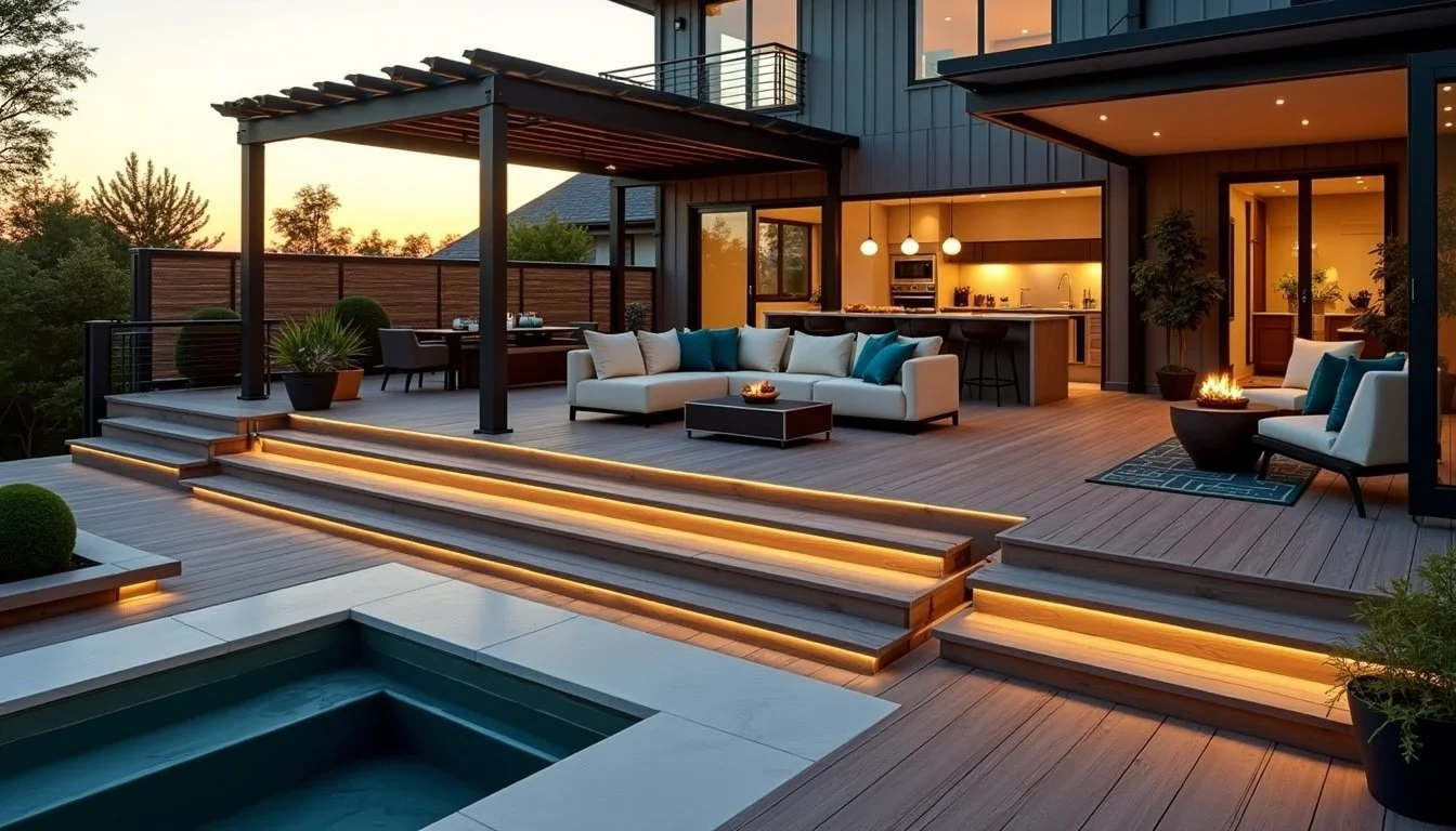 Luxury modern backyard deck with poolside steps, built-in lighting, covered patio, and outdoor living space.
