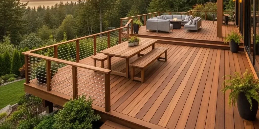 Raised wood deck with cable railing, built-in bench seating, and outdoor dining table overlooking forested landscape.