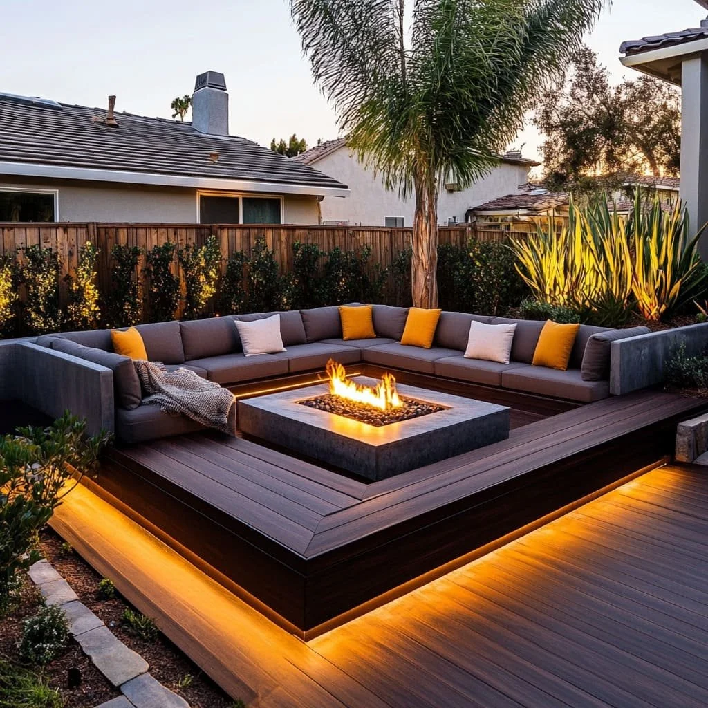 Contemporary raised deck with built-in sectional seating, gas fire pit, and warm LED step lighting.