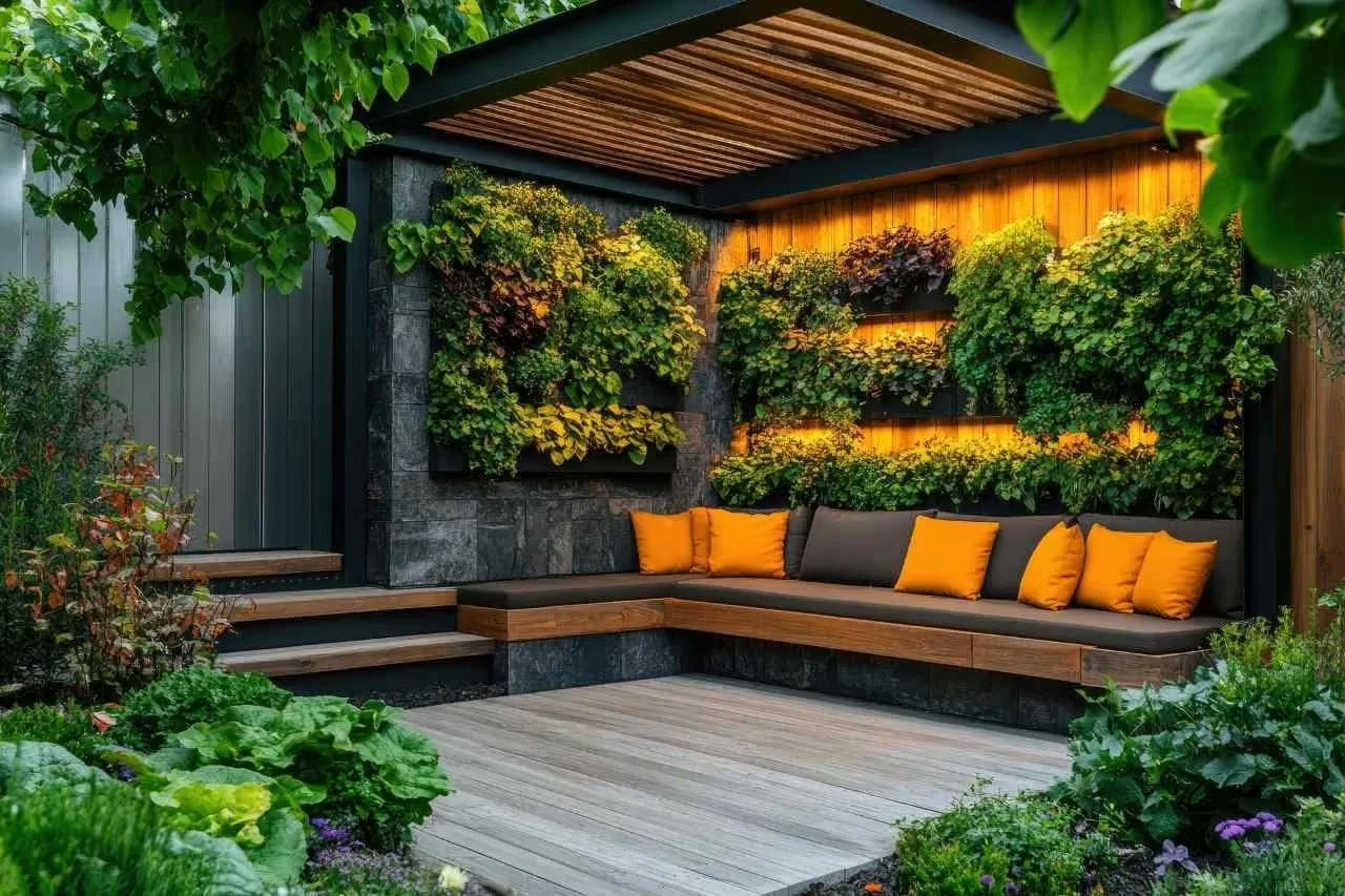 Covered outdoor lounge with wood bench seating, vertical living wall, and modern pergola design.