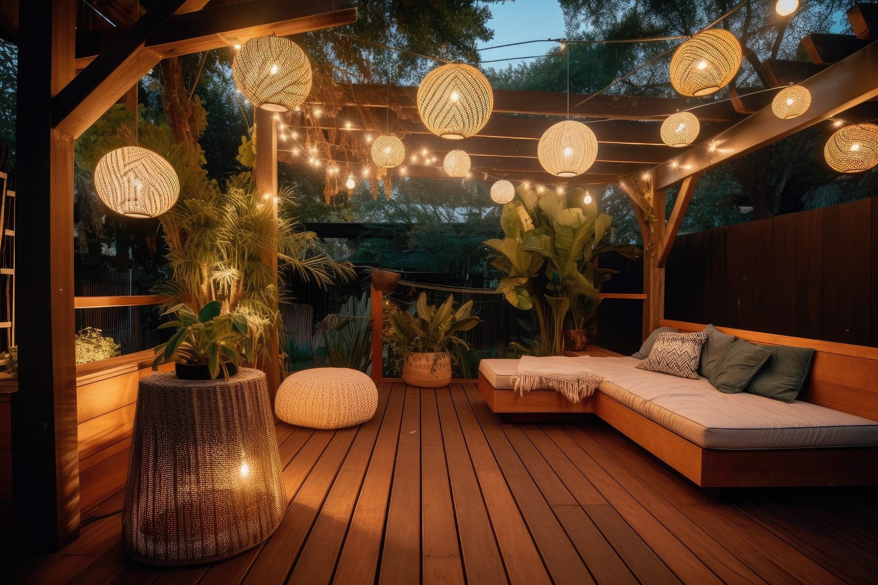 Cozy outdoor lounge deck with pergola, string lights, lantern decor, and comfortable sectional seating at night.