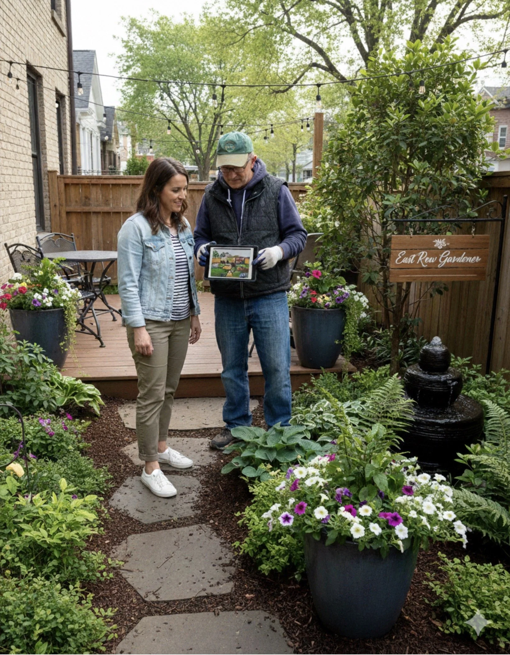A woman and a man stand in a garden with various flowers and plants, looking at a tablet computer together. There are potted plants, a small water fountain, and string lights overhead. A wooden sign with the name 'East Row Gardener' is visible.