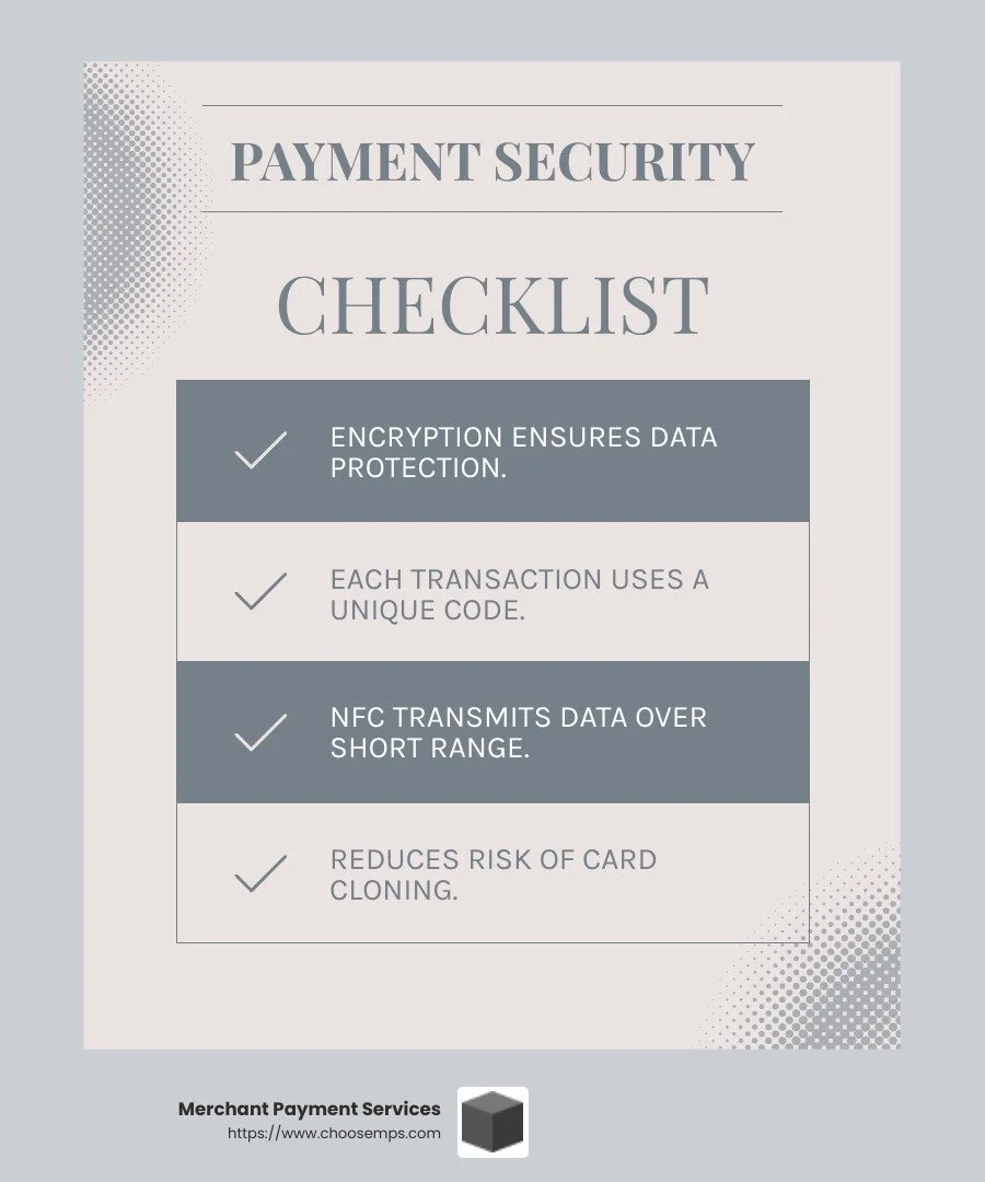 Contactless payments are secure due to encryption and one-time codes - contactless payment options infographic checklist-light-blue-grey