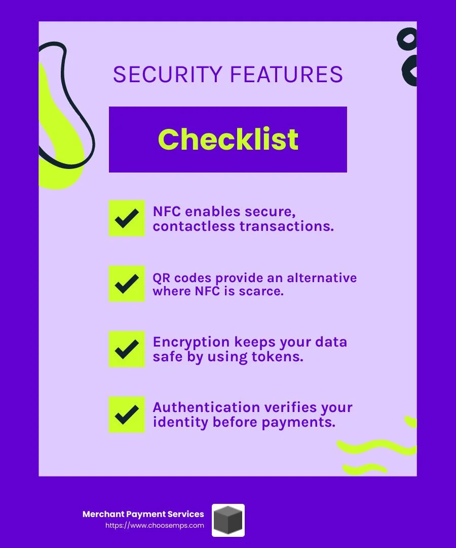 Encryption ensures your payment information stays safe and secure. - mobile payments infographic checklist-fun-neon