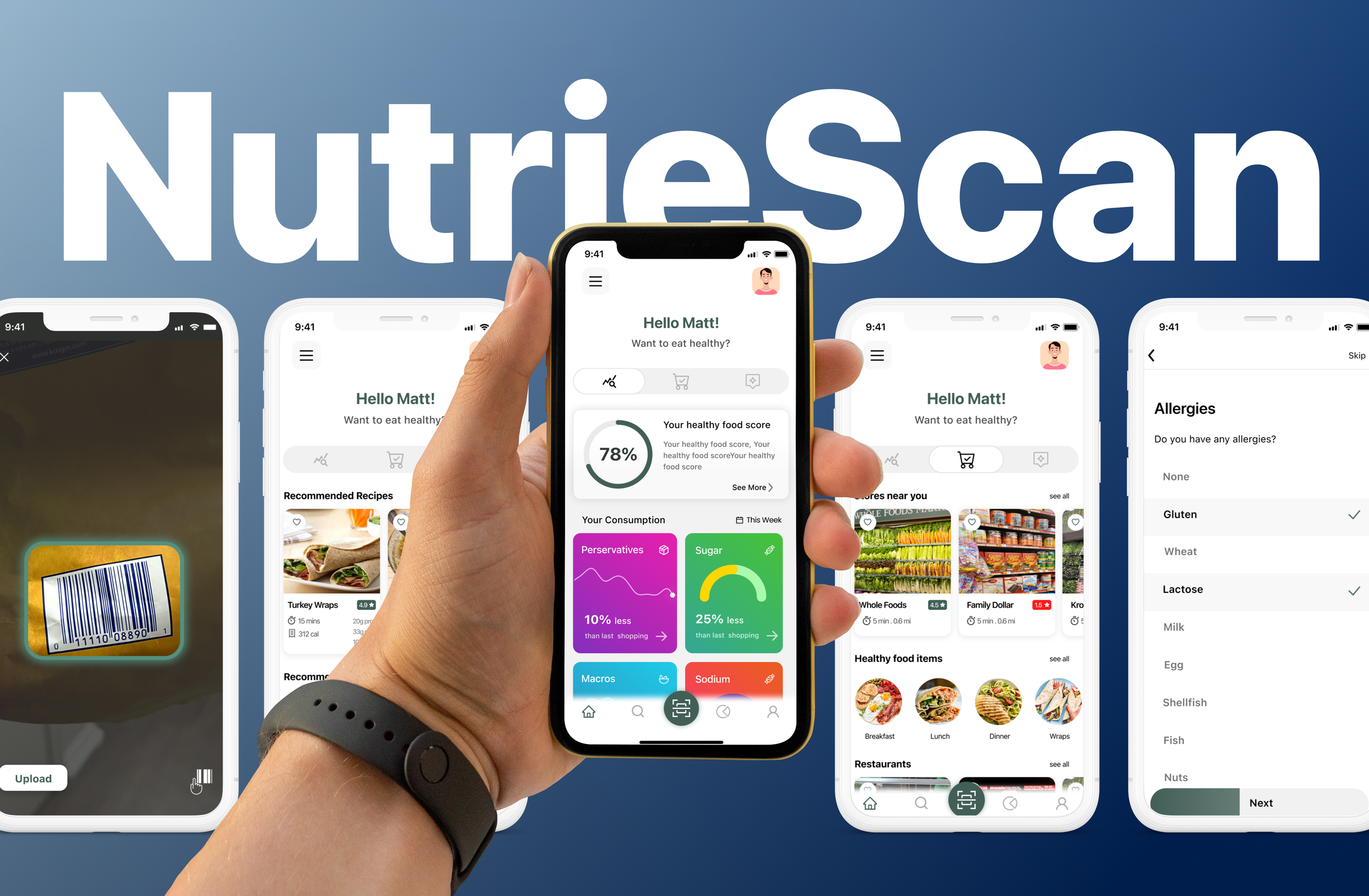 NutrieScan app screens: onboarding, home, scanning and product information