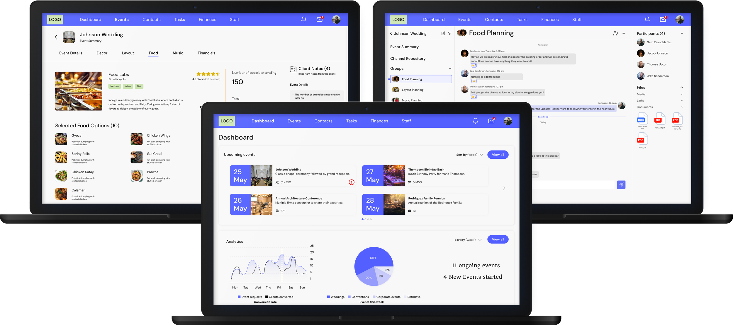 GravityDrive dashboard, messages and event screens shown on three laptops
