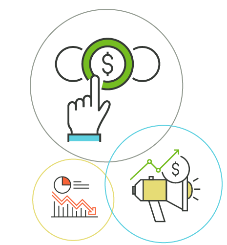 Line icon illustrations of charts, graphs, and money.