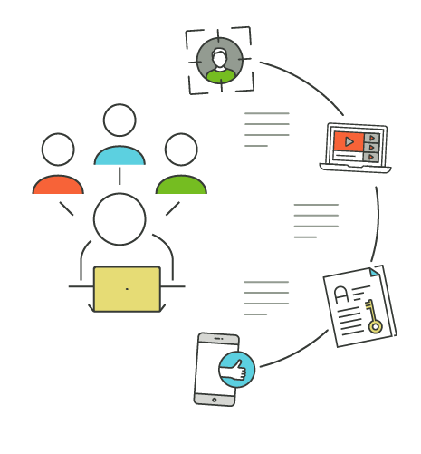 Line icon illustration of people doing research.