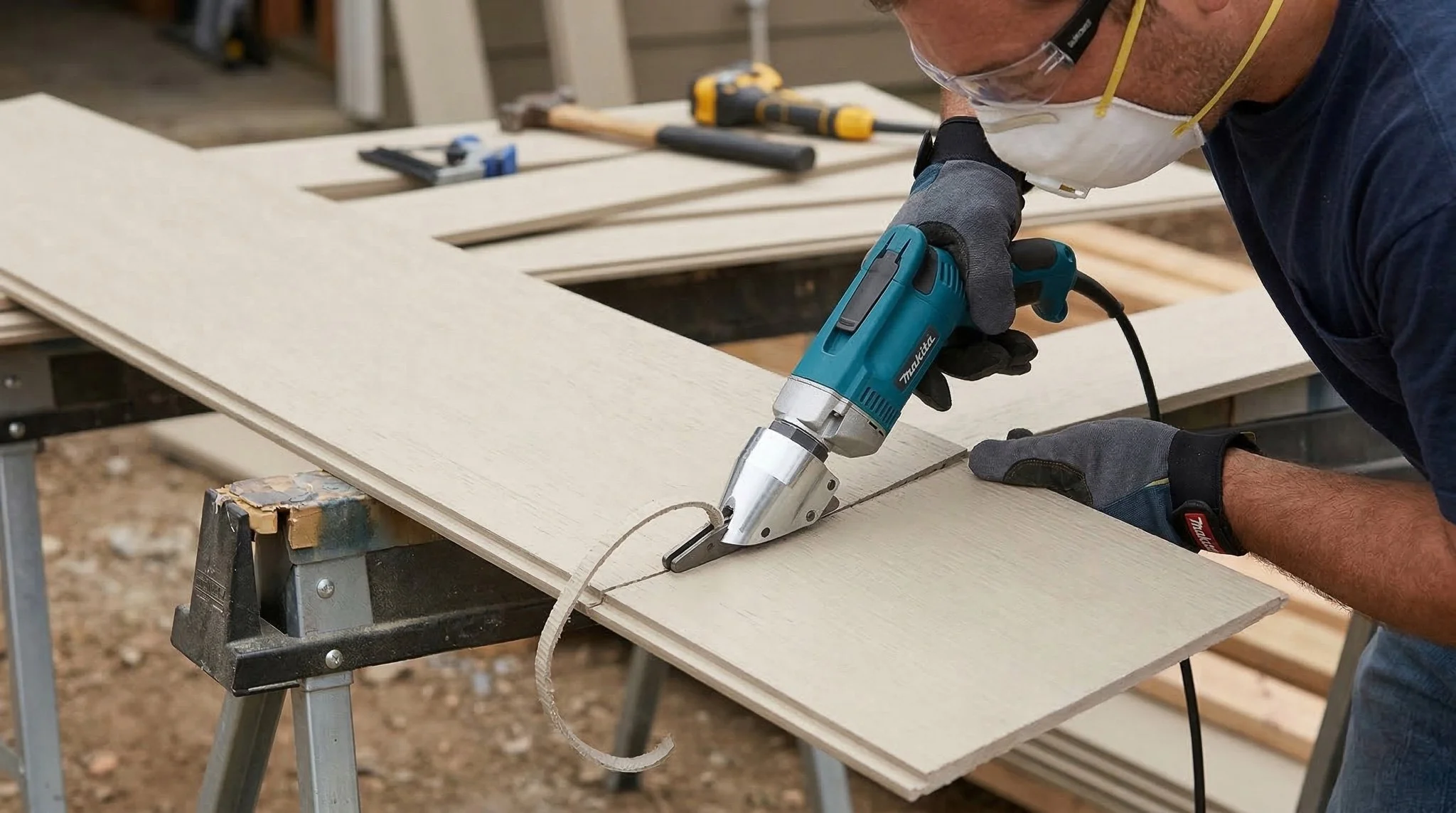 James Hardie contractor cutting siding down to size