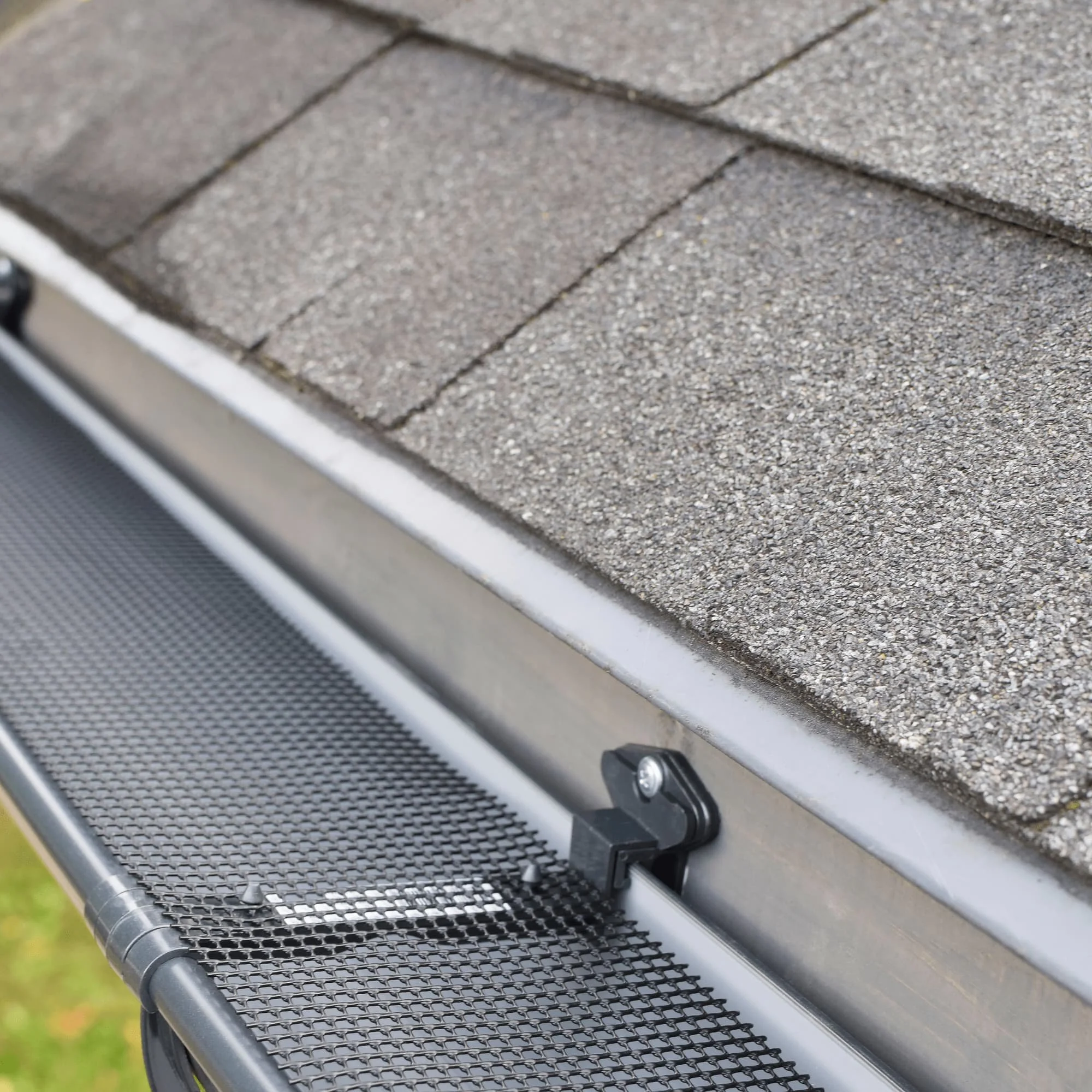 A close-up view of a roof gutter with a mesh leaf guard installed, next to gray asphalt shingles.