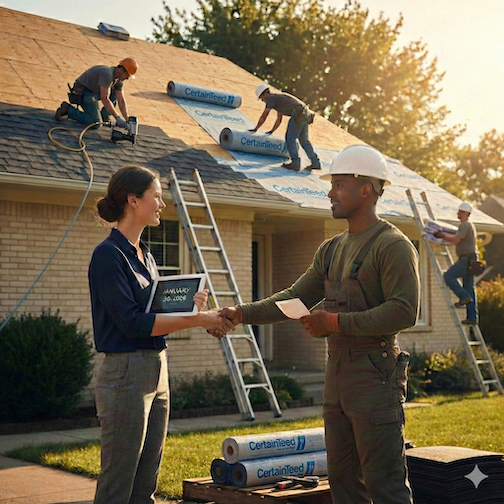 Housing contractors working on a roof with a finance professional and a roofing contractor shaking hands about financing options
