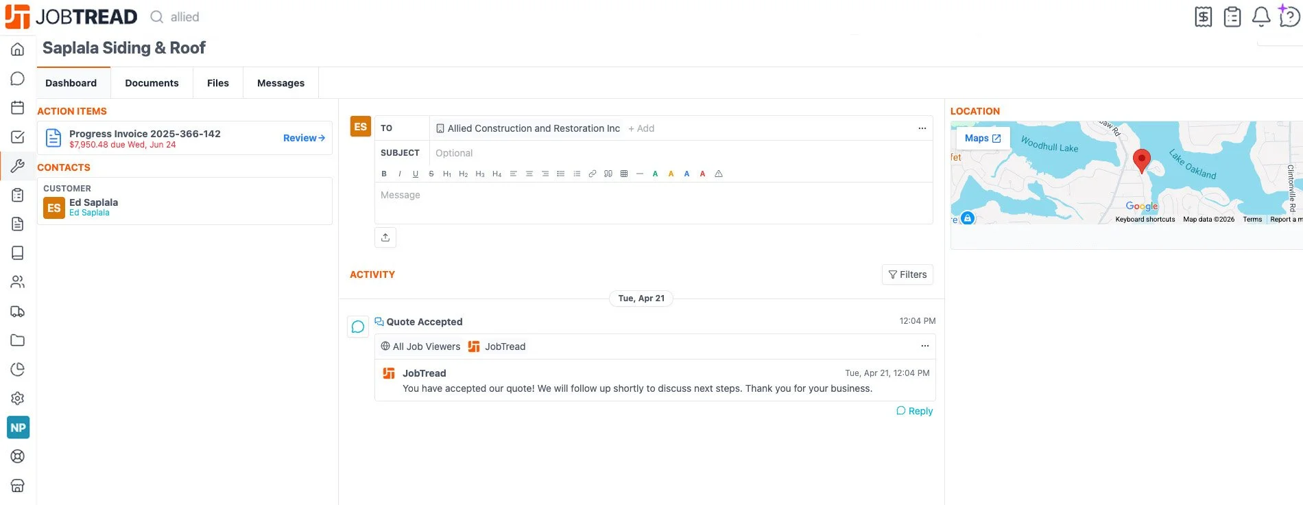 Screenshot of JobTread platform showing a project titled 'Saplala Siding & Roof', with a map of the location near Woodhull Lake, and a conversation about accepting a quote for construction work.