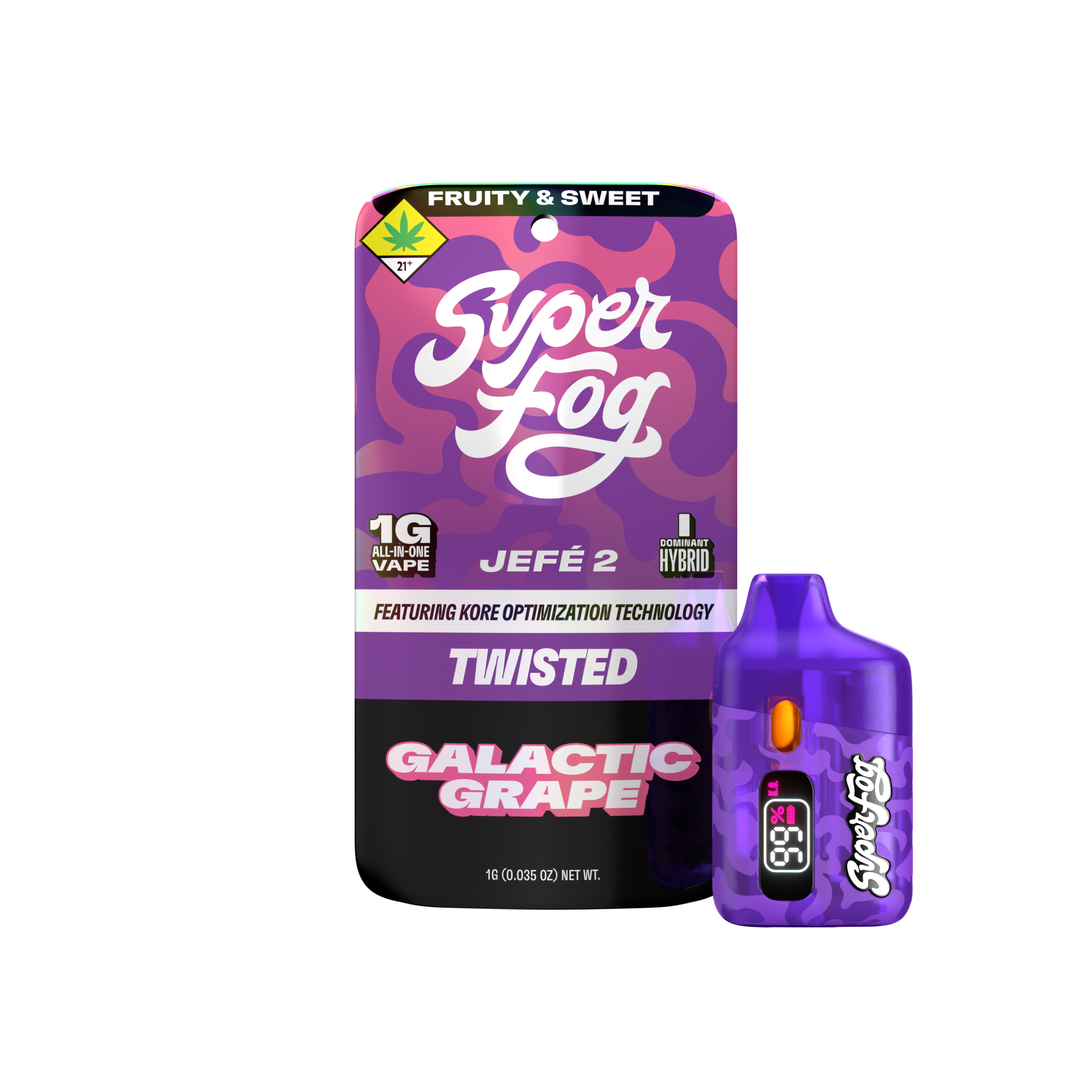Packaging of a cannabis vape cartridge labeled 'Super Fog' with a purple and pink abstract design, indicating it contains 1 gram of hybrid strain 'Jefe 2' with KORE Optimization Technology, and a THC level of 99%. The package also highlights it as 'Fruity & Sweet' and 'Galactic Grape' flavor.