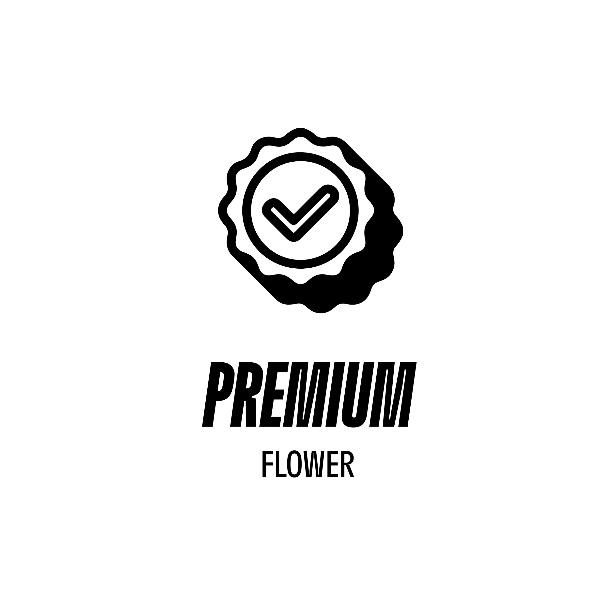 A black and white graphic with a checkmark inside a badge emblem.