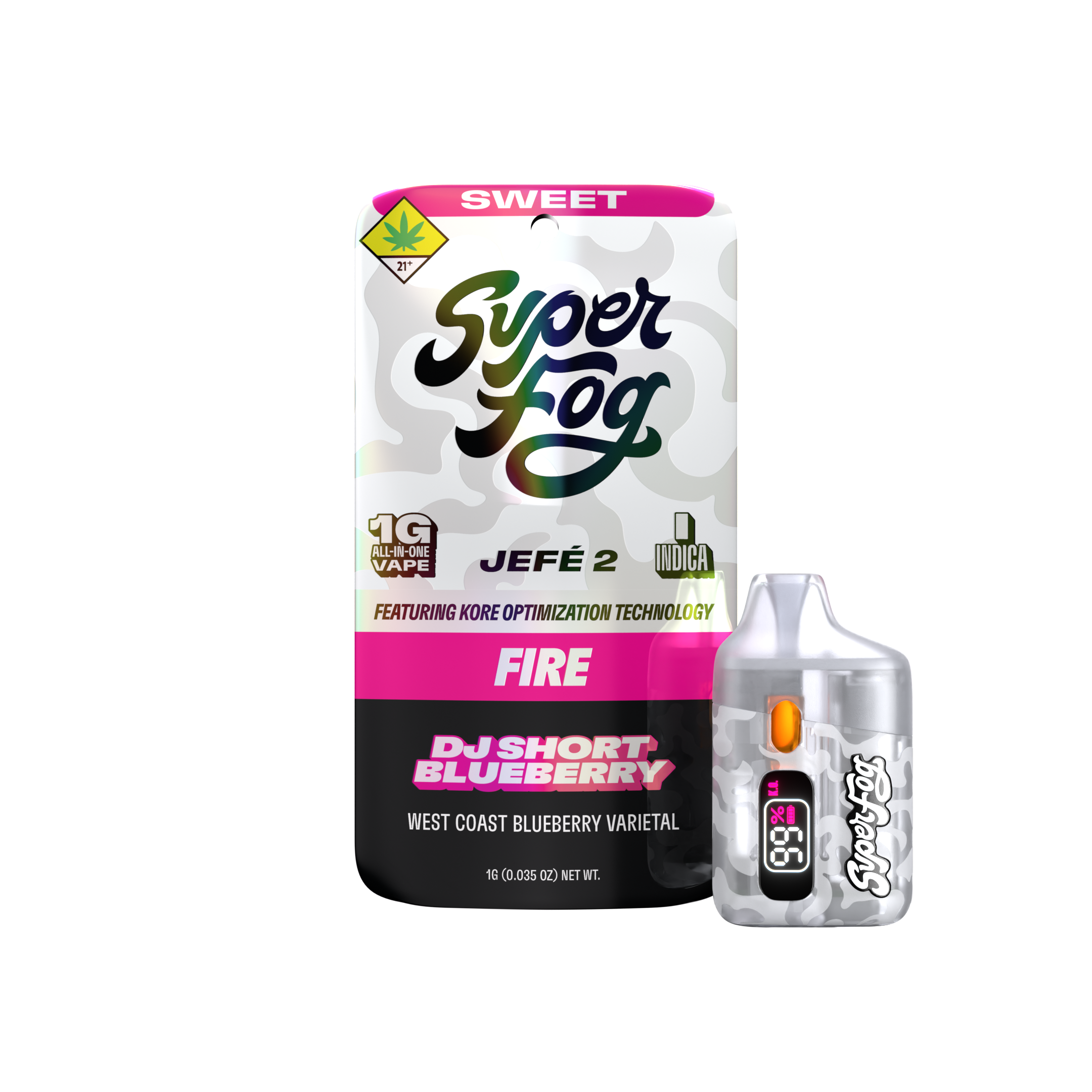 A small vape cartridge packaging labeled 'Super Fog' with a pink tab at the top labeled 'Sweet', indicating flavor or variant. The packaging features a yellow and black warning label with a green cannabis leaf and '21+' under it. The box mentions it contains 1 gram of all-in-one vape with Kore optimization technology and is marked as West Coast Blueberry varietal. The cartridge appears to have an orange indicator for e-liquid level.