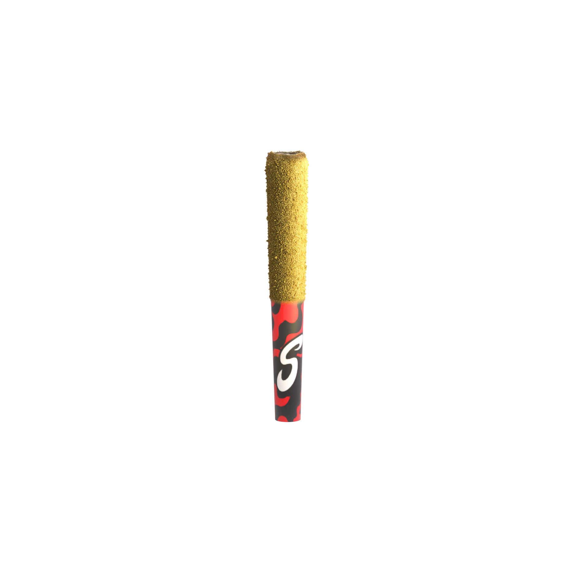 A lit firework rocket with a red and black patterned tube and a yellow, textured fuse.
