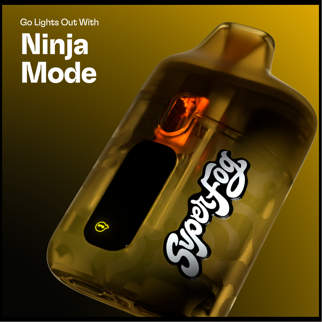 A digital tablet or device with a yellow and black background, displaying the text 'Go Lights Out With Ninja Mode' and a logo with stylized text 'Superflash' on a transparent capsule-shaped case.