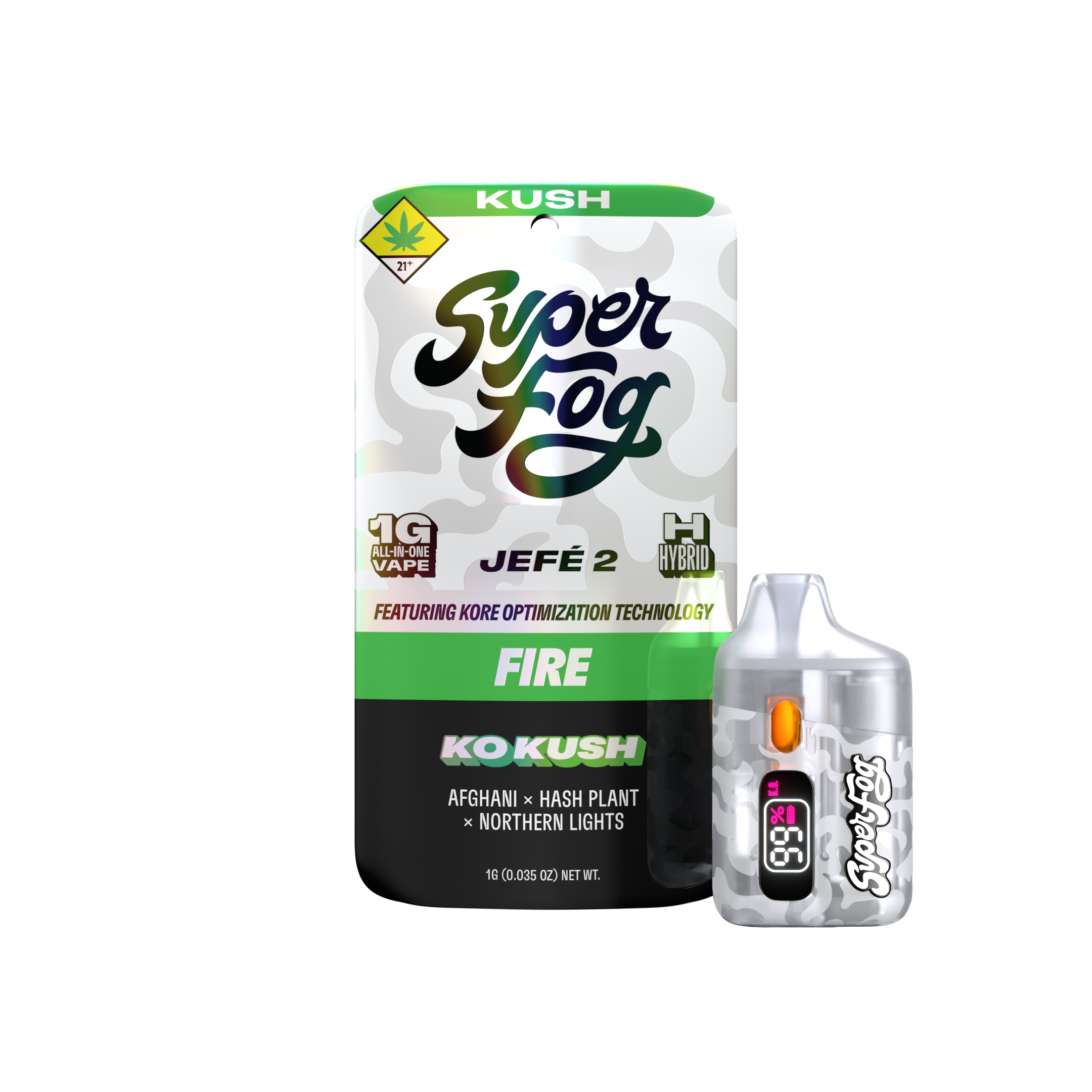 Packaging of a cannabis product labeled 'Super Fog' with green and white design, cannabis warning, and details about ingredients including Afghan and Hash Plant, with a digital display showing THC levels.