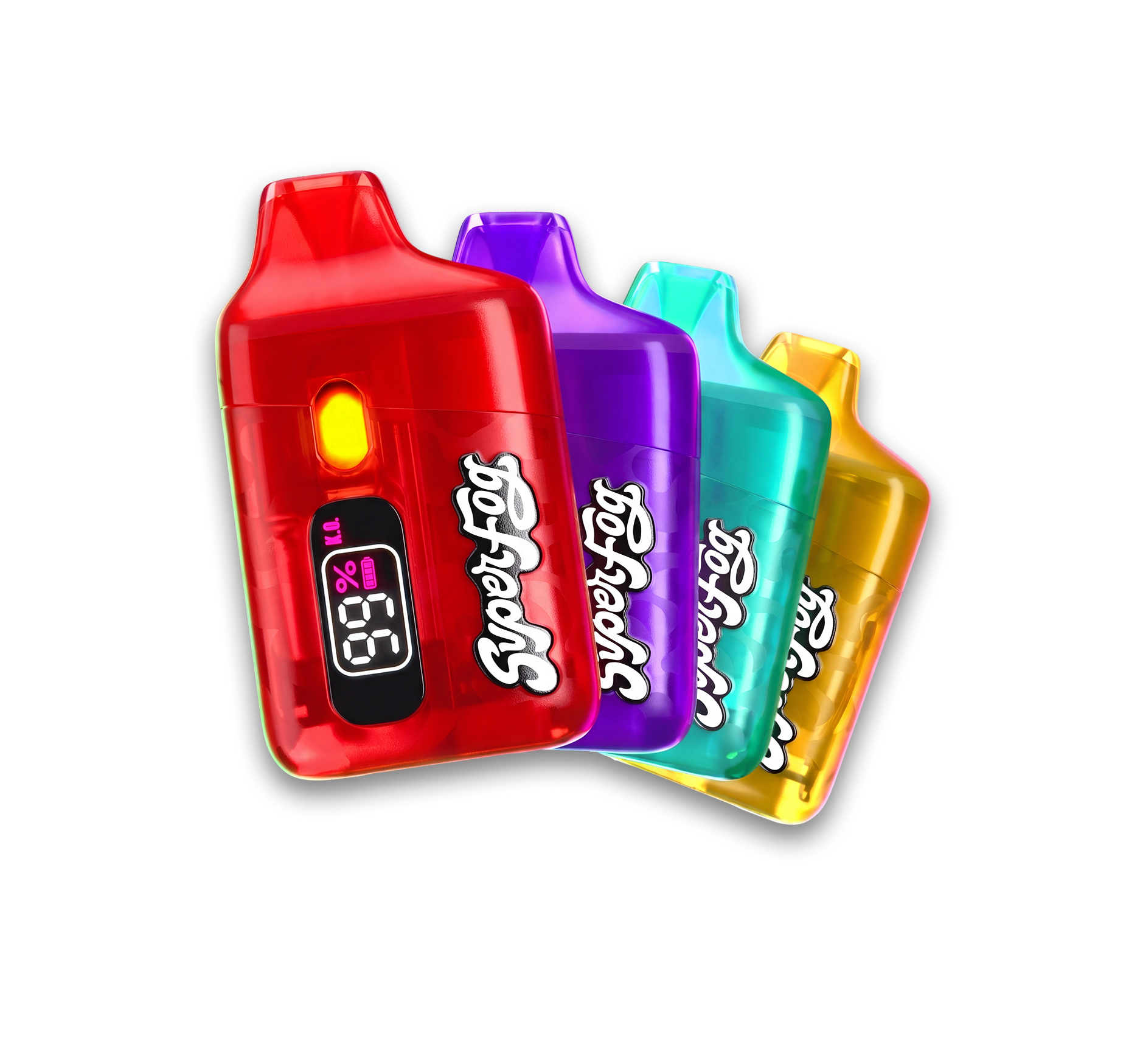 Colorful bottles of Super Fog air freshener in red, purple, turquoise, and yellow, arranged in a row.