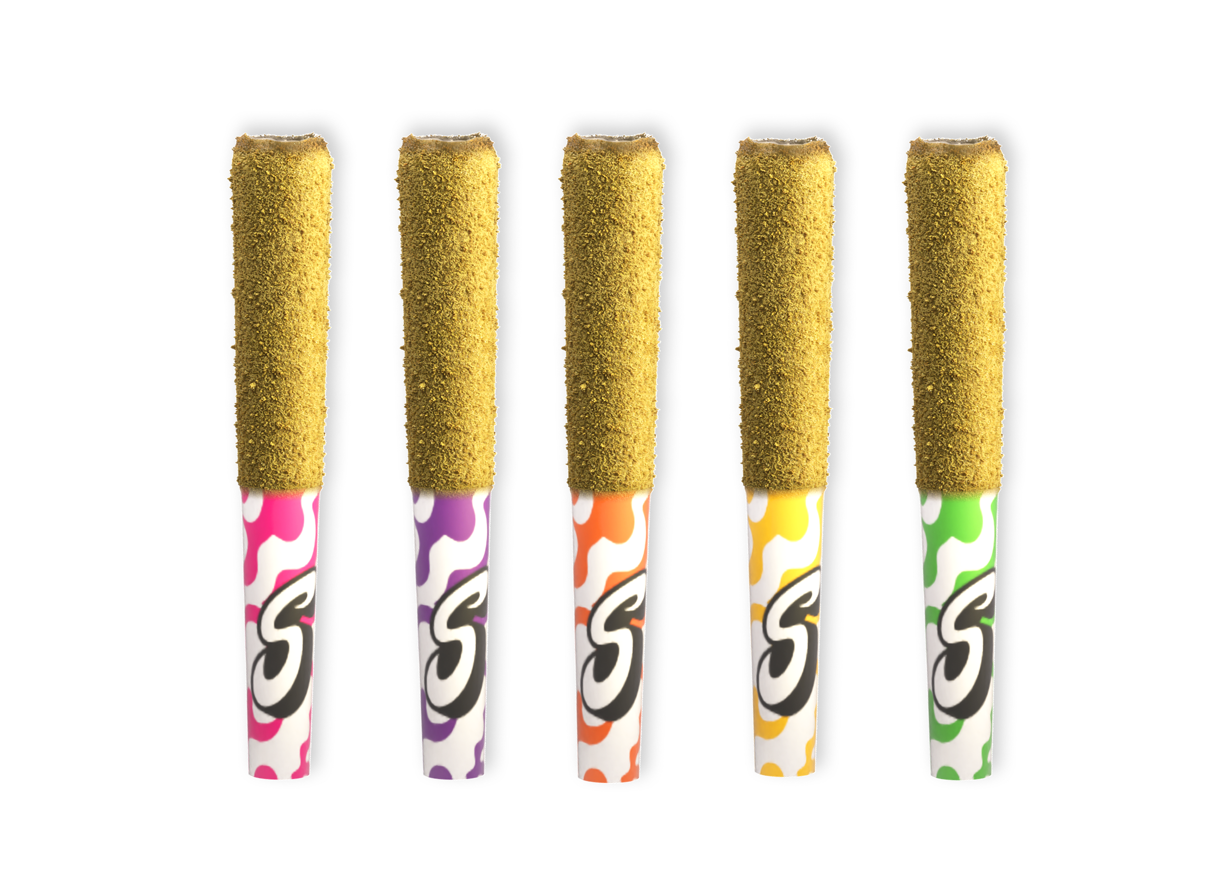 Six birthday candles with colorful patterns and yellow flame tips, arranged in a row on a black background.