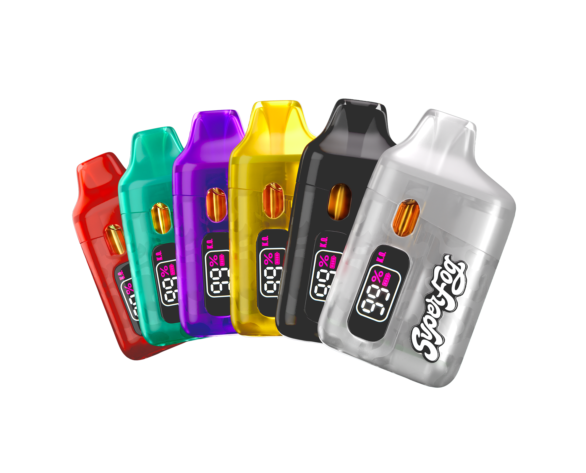 A variety of colorful disposable vape pens lined up against a black background.