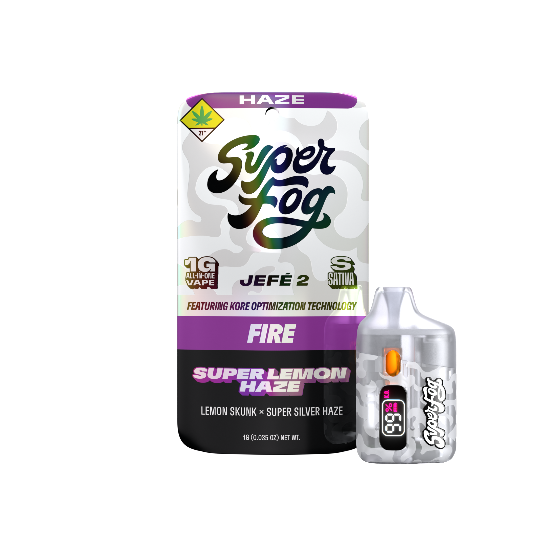 A package of Super Silver Haze cannabis vape containing 1 gram, featuring lemon skunk and super silver haze strains, with a lizard logo and digital display showing 95 degrees.