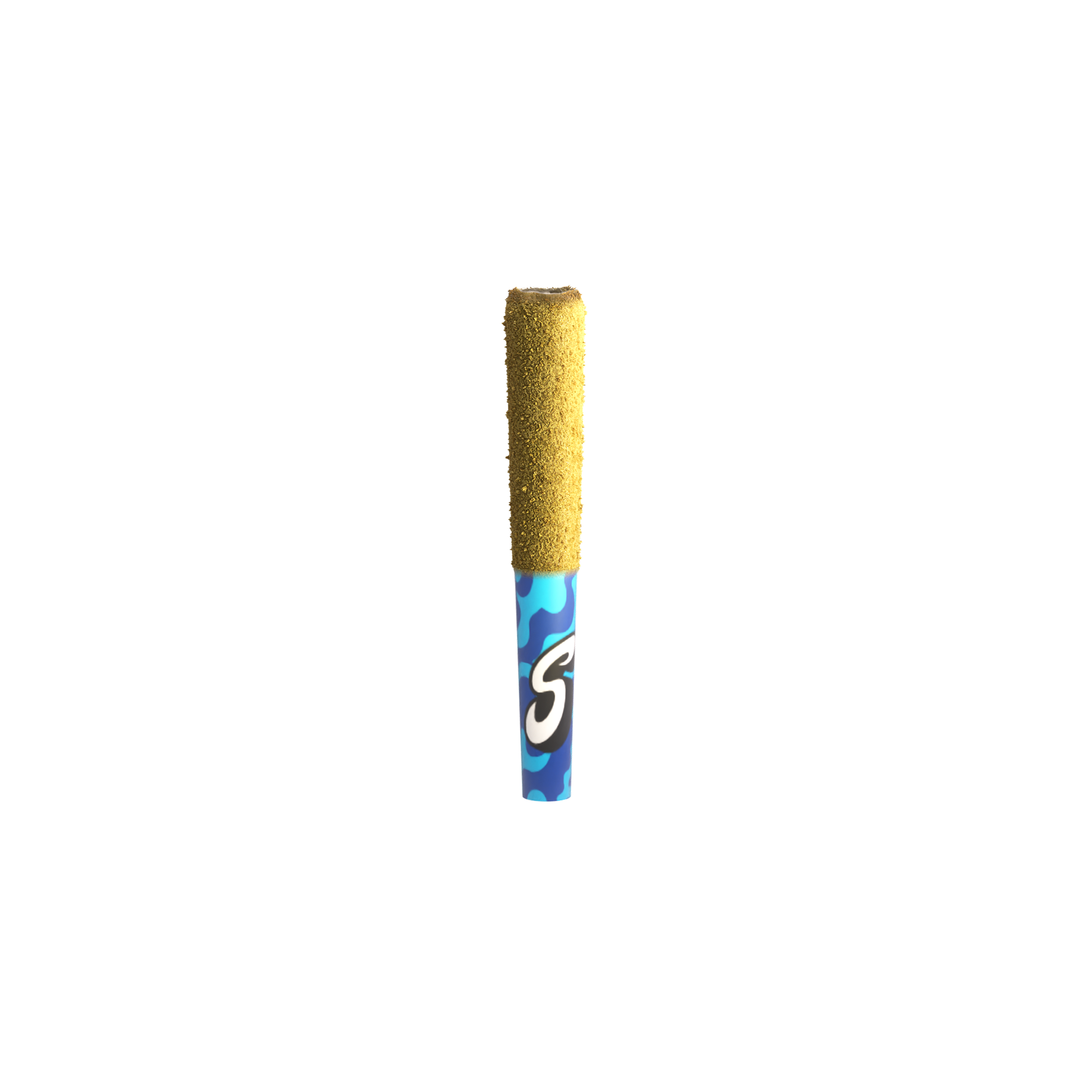 A lit birthday candle with a blue and black pattern on the lower part and a yellow, textured, unlit top.