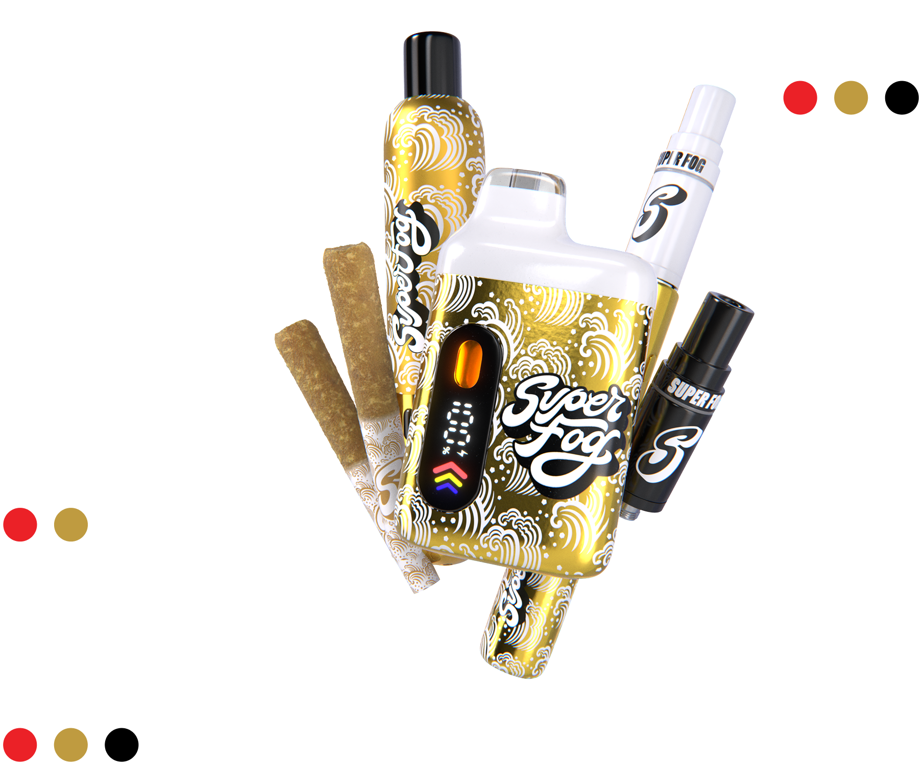 Image of vaping products featuring Super Fog brand, including a vape pen, a battery pack, and pre-rolls, with labels indicating flavors and features like '100% Flavor' and 'Power Battery.'